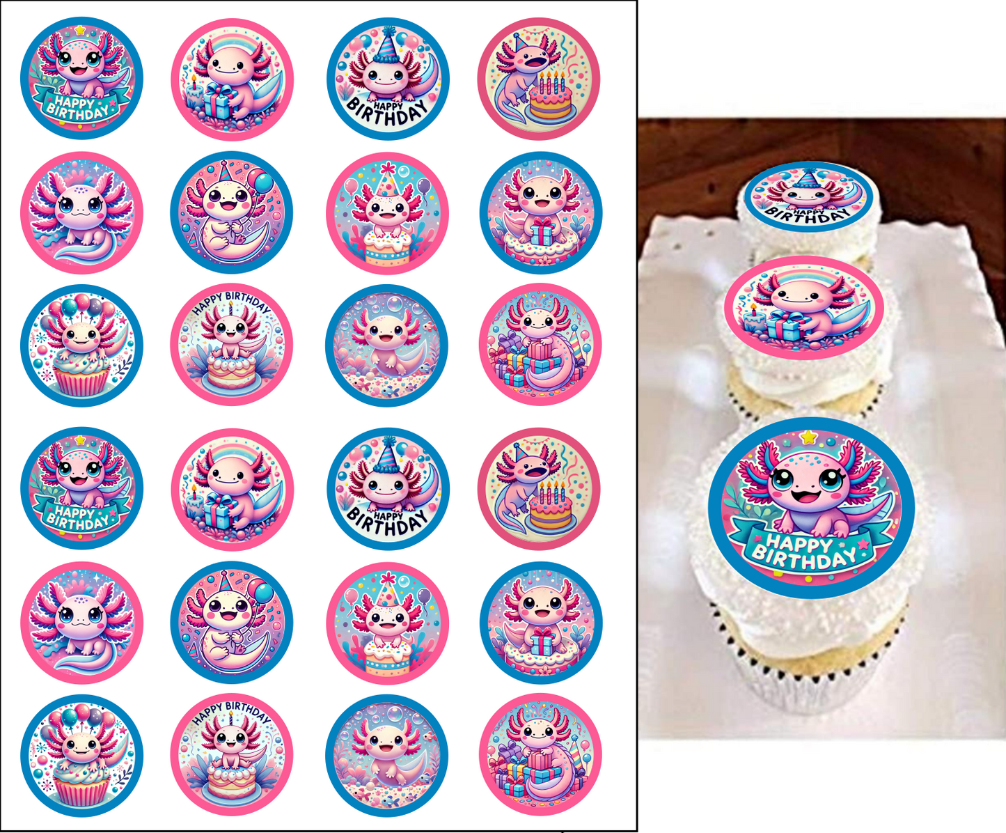 24 PCS Edible Axolotl Birthday Cupcake Toppers