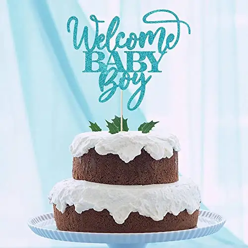 Welcome Baby Boy Cake Topper – Blue Glitter Baby Shower Decoration