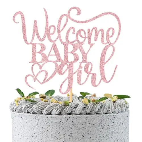 Welcome Baby Girl Cake Topper – Pink Glitter Baby Shower Decoration